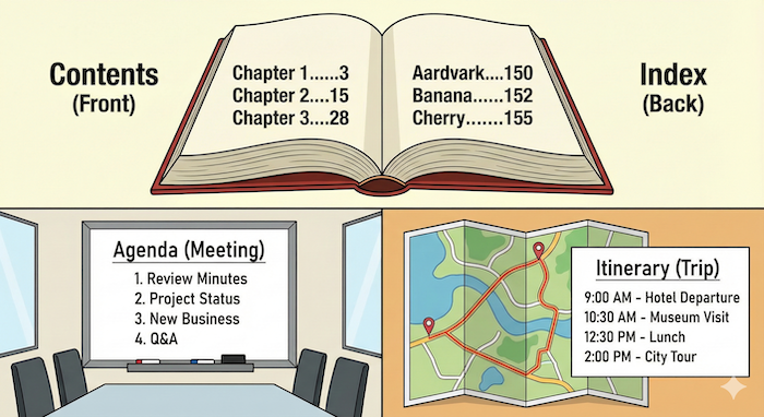 目次、索引、議題、旅程の比較