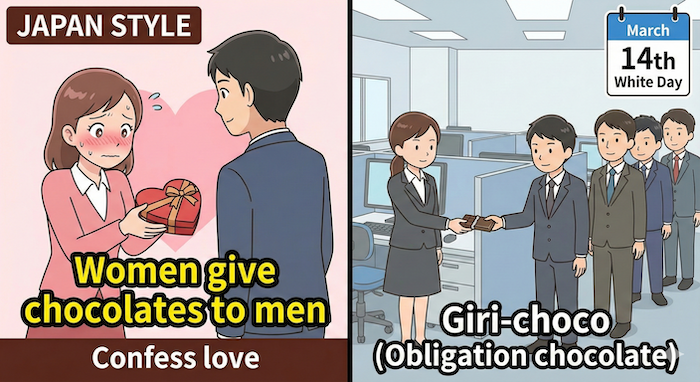 日本のバレンタイン文化のインフォグラフィック。