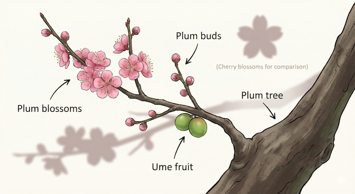 梅の木と花の植物図鑑風イラスト。