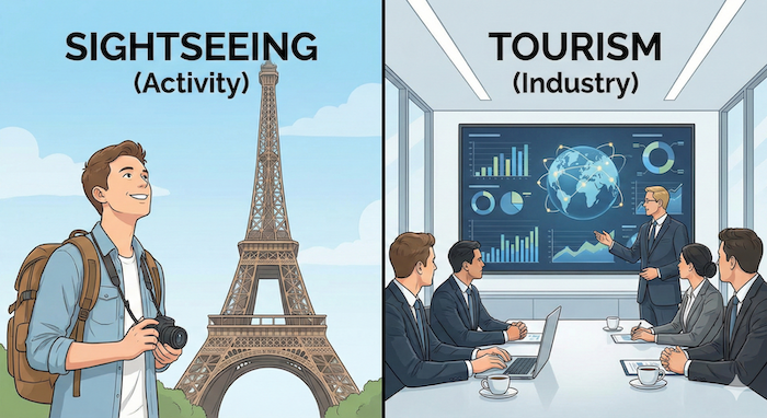 Sightseeing vs. Tourism comparison illustration.