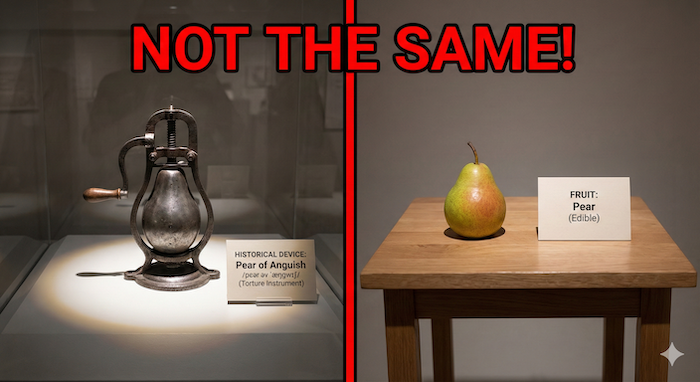 Museum exhibit comparing "Pear of Anguish" and fruit pear. (「苦悩の梨」と果物の梨を比較する博物館の展示)