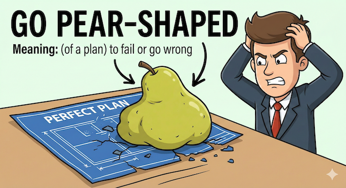 Humorous illustration of the idiom "Go pear-shaped". (慣用句「Go pear-shaped」のユーモラスなイラスト)
