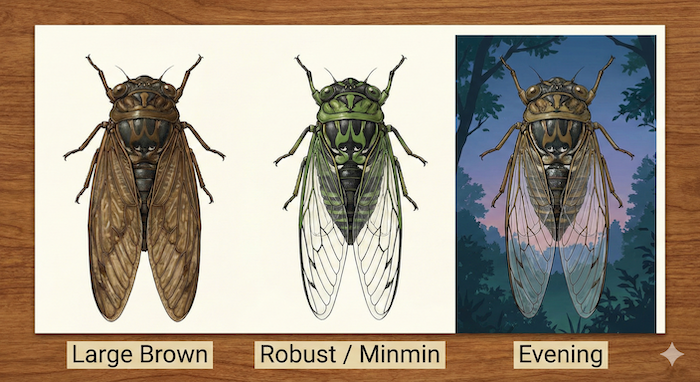 Comparison of three types of Japanese cicadas. / 3種類の日本のセミの比較イラスト。