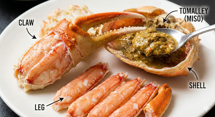 カニの部位と味噌、クローズアップ (Crab parts and tomalley, close-up)