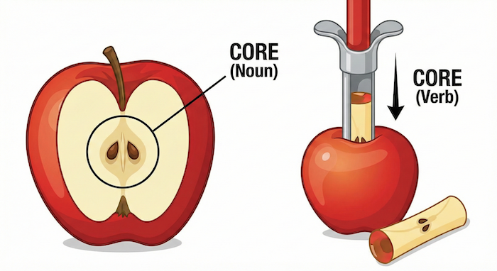 Apple core (noun) and coring (verb). / りんごの芯(名詞)と芯を取る(動詞)