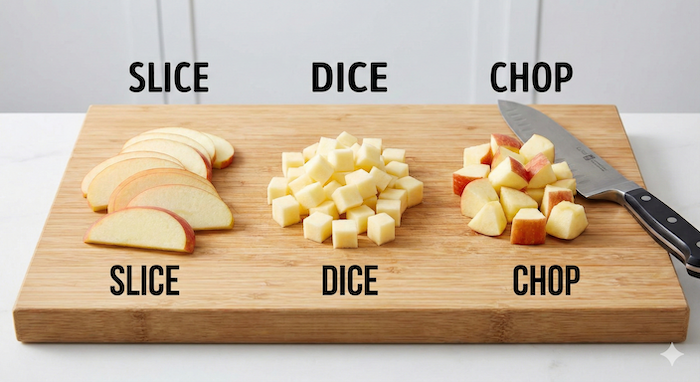 Sliced, diced, and chopped apples. / 薄切り、角切り、ざく切りのりんご