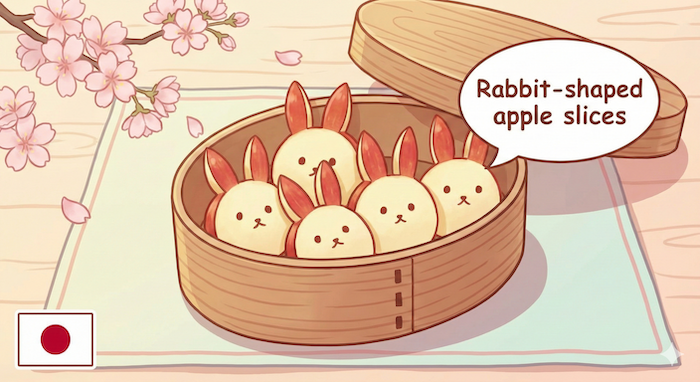Rabbit-shaped apples in a Japanese bento. / 日本の弁当箱に入ったうさぎりんご