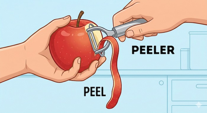 Peeling an apple with a peeler. / ピーラーでりんごの皮をむく