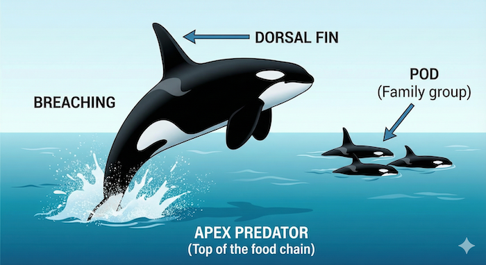 Orca anatomy and behavior infographic / シャチの解剖学と行動の図