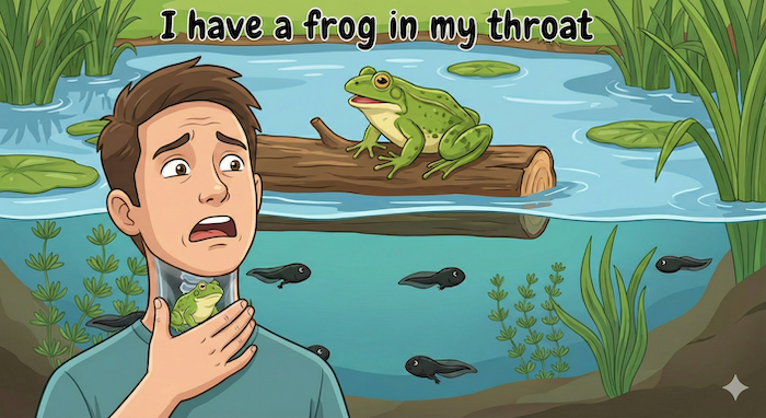 Frog in my throat" idiom illustration