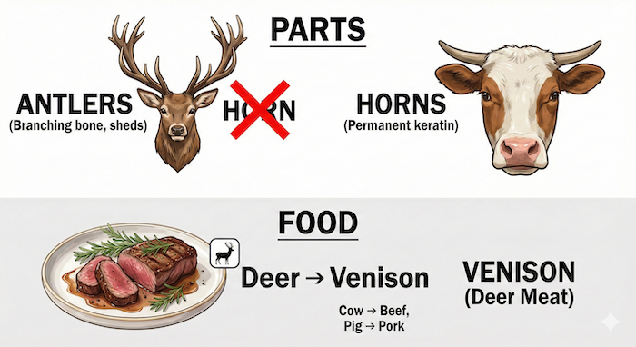 鹿の角と鹿肉（ベニソン）の解説図