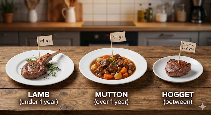 Meat Names: Lamb vs. Mutton 代替テキスト:Lamb, Mutton, Hogget meat comparison. ラム、マトン、ホゲット肉の比較。