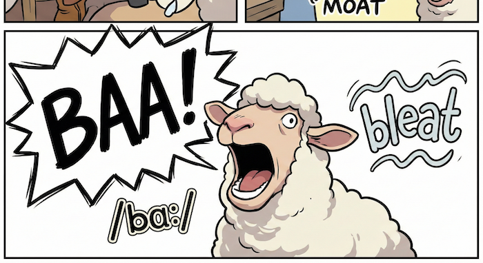"Baa" and "Bleat" 代替テキスト:Comic strip of a sheep's sounds. 羊の鳴き声のコミックストリップ。