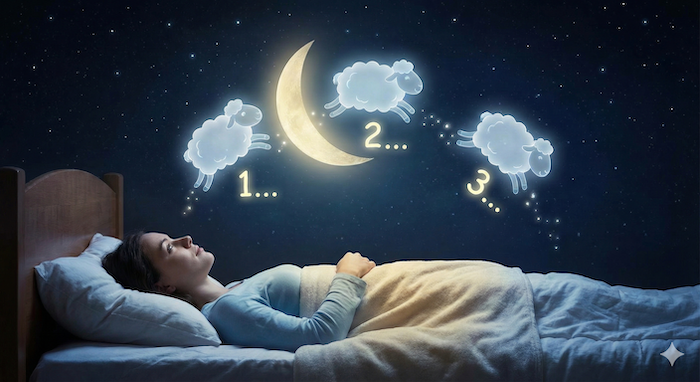 Culture: Counting Sheep for Sleep 代替テキスト:A person counting sheep to sleep. 眠るために羊を数える人。