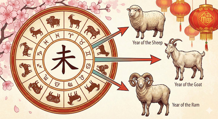 Zodiac: Year of the Sheep/Goat 代替テキスト:Zodiac "Hitsuji" and related animals. 干支の「未」と関連する動物。