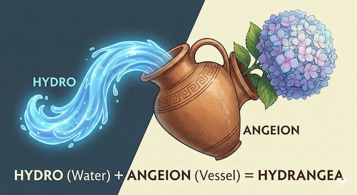 Hydrangea etymology illustration: Hydro + Angeion. (アジサイの語源イラスト：水＋器)