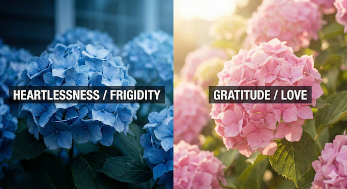 Hydrangea flower language: Heartlessness vs. Gratitude. (アジサイの花言葉：冷酷対感謝)