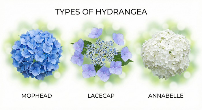 Types of hydrangea: Mophead, Lacecap, Annabelle. (アジサイの種類：モップヘッド、ガクアジサイ、アナベル)