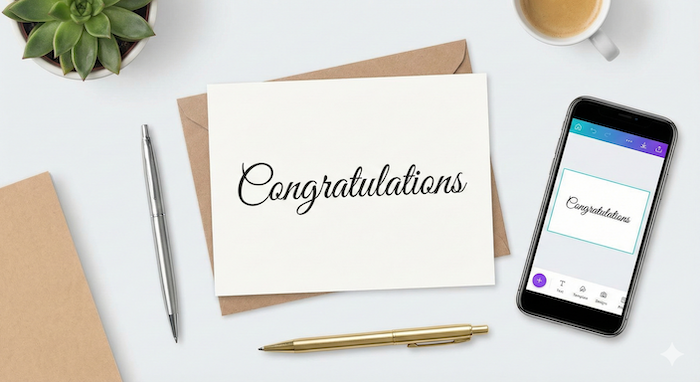 Flat-lay desk with message card crafting supplies.