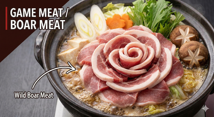 イノシシ肉を使った牡丹鍋の写真