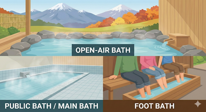 Collage of Japanese bath types. / 日本のお風呂の種類のコラージュ。