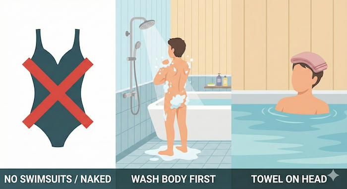 Japanese bath etiquette guide. / 日本のお風呂のエチケットガイド。