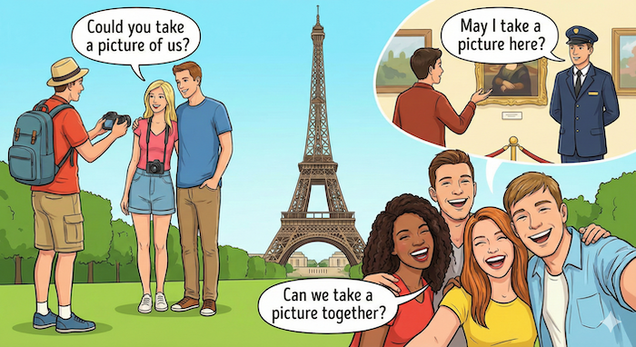 Travel photo phrases illustration (旅行での写真撮影フレーズのイラスト)