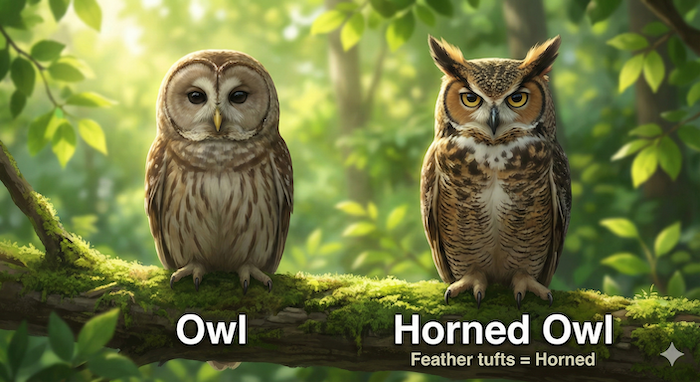 Owl vs. Horned Owl comparison. / フクロウとミミズクの比較。