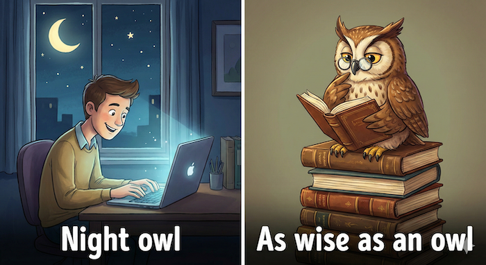 Owl idioms: night owl and wise. / フクロウのイディオム：夜更かしと賢さ。