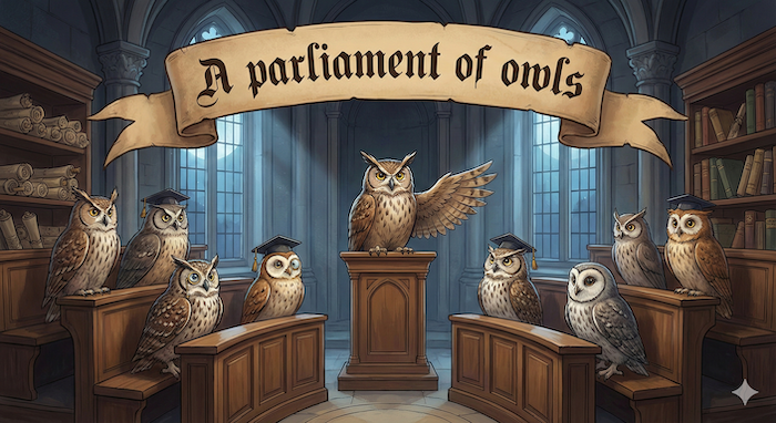 A parliament of owls. / フクロウの群れ（議会）。