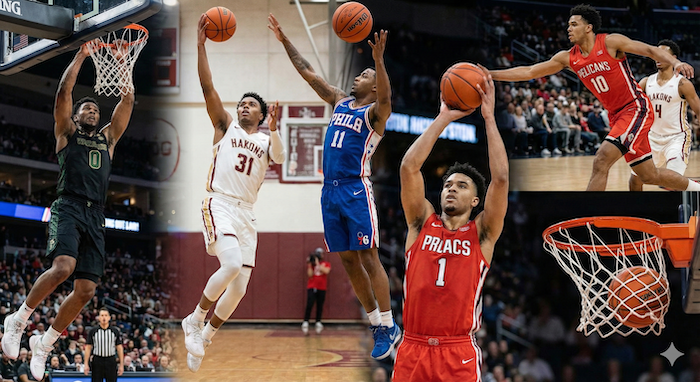 Dynamic montage of various basketball game actions. / 様々なバスケの試合のアクションを捉えたダイナミックなモンタージュ。