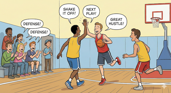 Basketball players and fans using encouraging English phrases. / 励ましの英語フレーズを使うバスケ選手とファン。