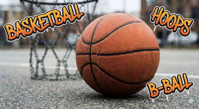 Worn basketball on a street court with text. / ストリートコートにある使い込まれたバスケットボールとテキスト。