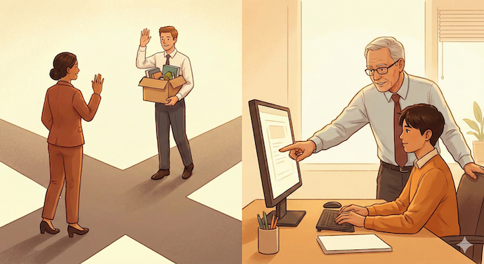 Mentorship and departing colleagues scenes. / メンターシップと退職する同僚の場面。