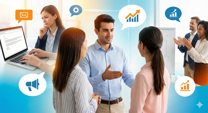 Business communication and introductions in office. / オフィスでのビジネスコミュニケーションと紹介。