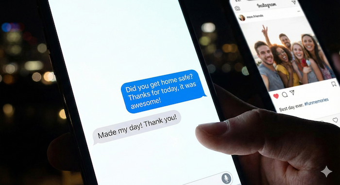 夜のスマホメッセージ画面。