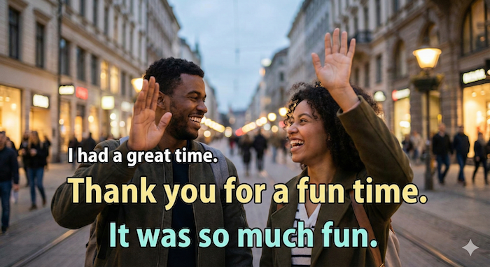 友達の手振りと感謝のフレーズ。