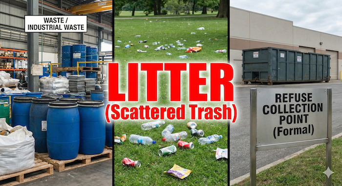 Triptych image of Waste, Litter, and Refuse. / 廃棄物、ポイ捨て、ゴミ集積所の三連画像。