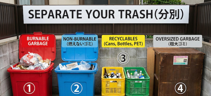 Infographic of Japanese trash separation bins. / 日本のゴミ分別回収所のインフォグラフィック。