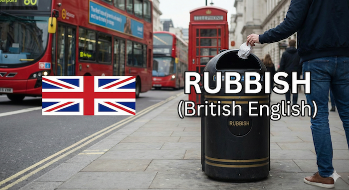 London street scene with "RUBBISH" bin. / 「RUBBISH」ゴミ箱があるロンドンの街角。