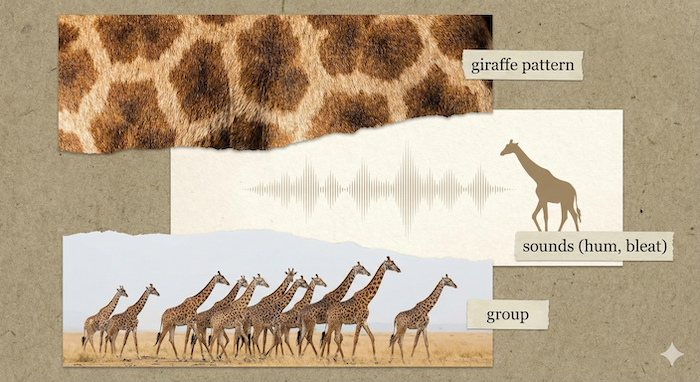 Collage showing giraffe pattern, sounds, and group. JP: キリンの模様、音、群れを示すコラージュ。