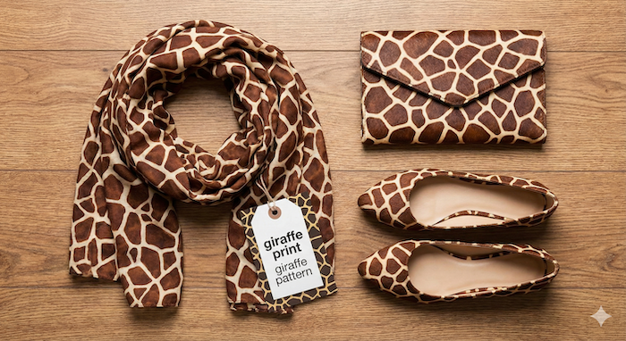 Flat lay of giraffe print fashion items. JP: キリン柄ファッションアイテムの置き画。