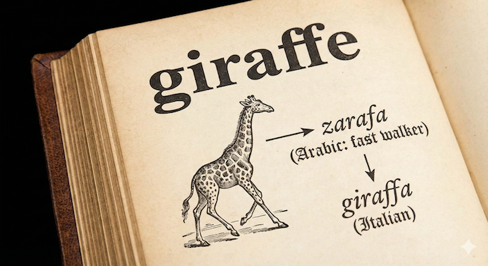 Antique dictionary page showing giraffe etymology. JP: キリンの語源を示す古い辞書のページ。
