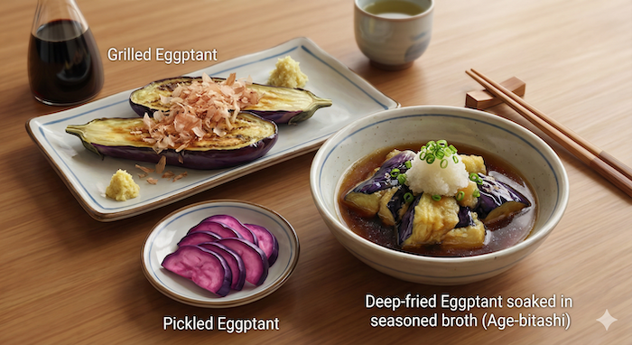 Various Japanese eggplant dishes. (様々な日本のなす料理。)