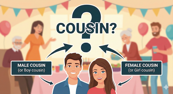 Infographic distinguishing male and female cousins at a family party. (家族パーティーで男性と女性のいとこを区別するインフォグラフィック)