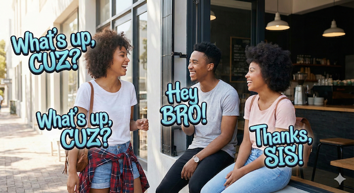 Young adult cousins using slang terms like "Cuz", "Bro", and "Sis". (「Cuz」「Bro」「Sis」などのスラングを使う若い大人たち)