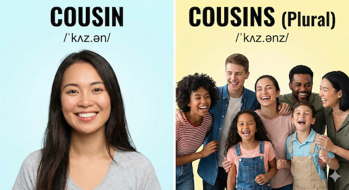 Educational illustration showing singular "Cousin" and plural "Cousins" with pronunciation. (いとこの単数形と複数形を示す教育イラスト)