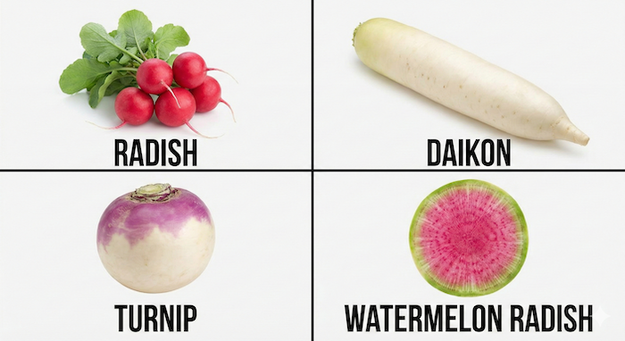 ラディッシュ、大根、カブの比較