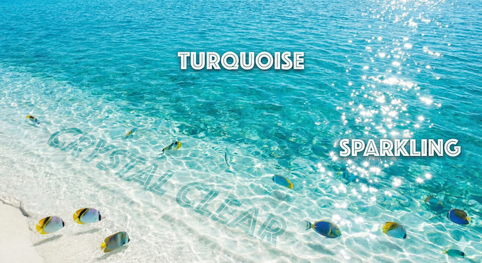 描写的な言葉が書かれた透明なターコイズブルーの海