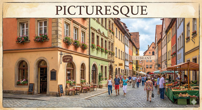 VIBRANT」の横断幕がある絵のように美しいヨーロッパの街並み。